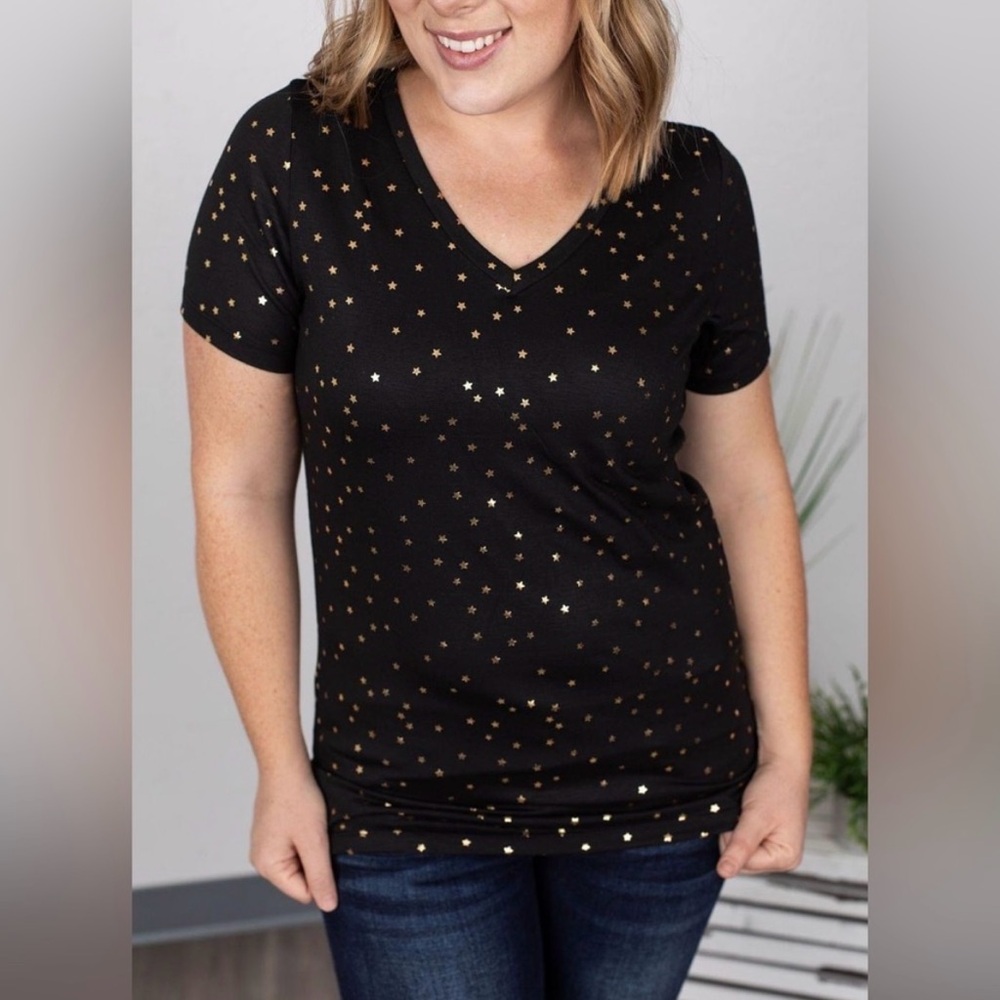 NWT Michelle Mae Black Short Sleeve Fitted Top With Gold Stars size XS